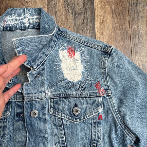Vintage Replay Denim Jacket Women's Large Blue Made In Italy Grunge Patched 6476 - Picture 5 of 13